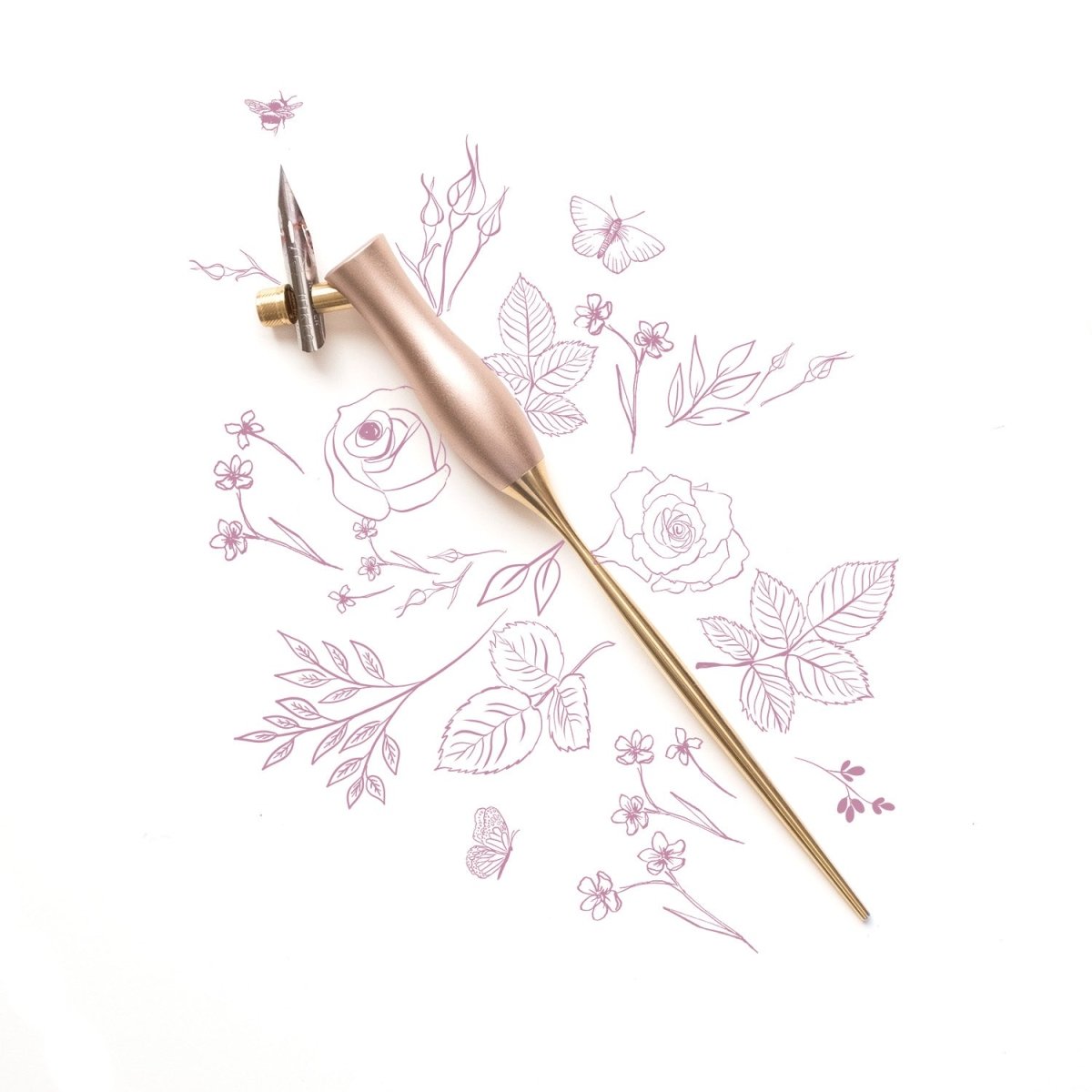 The Bloom calligraphy pen with oblique nib setting in Peony on a background of illustrations in ink