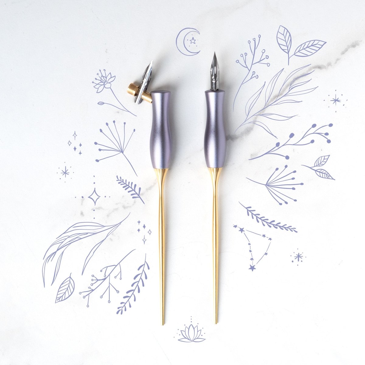 two bloom calligraphy pens one with straight nib, one with offset nib