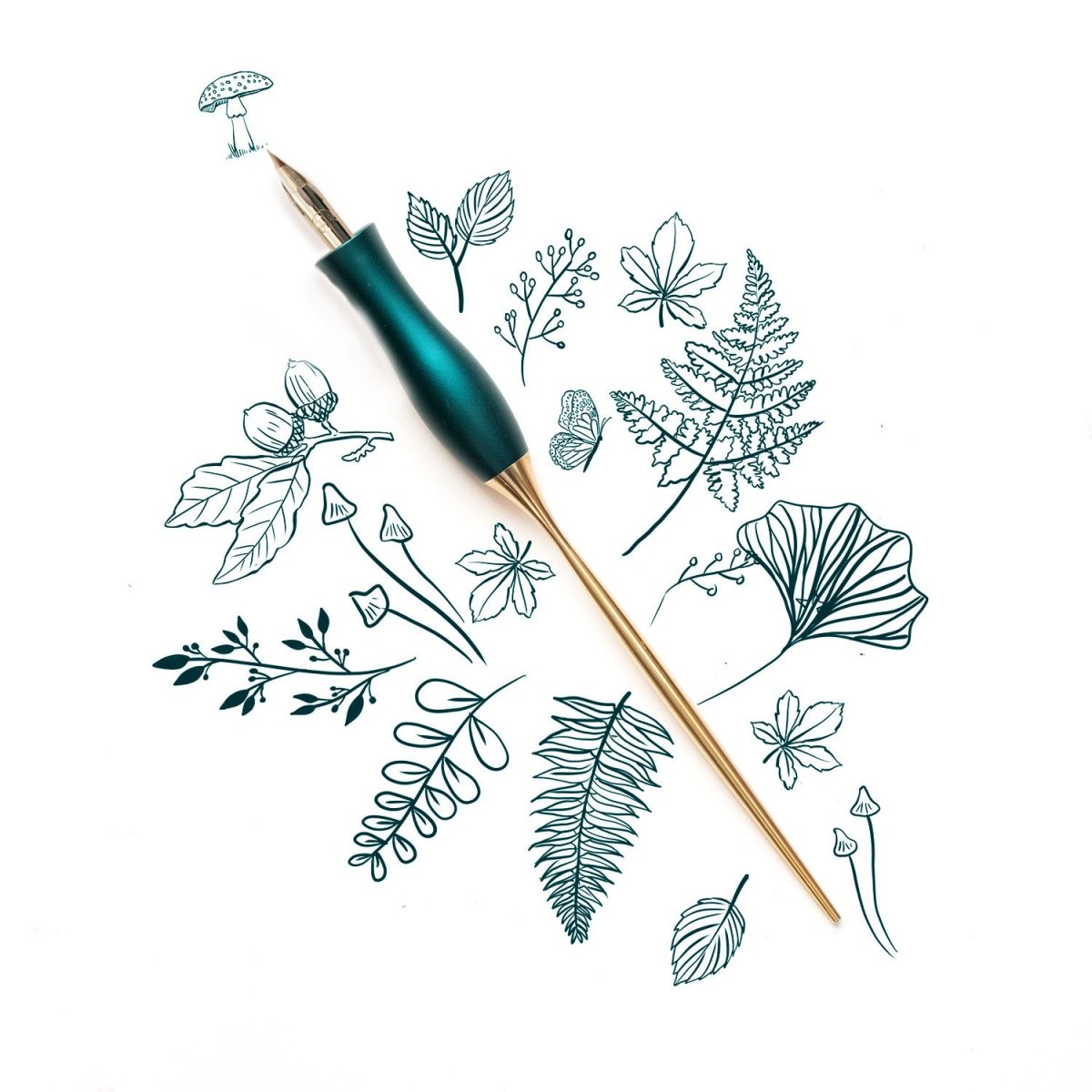 The bloom straight calligraphy pen in ivy green on a background of illustration in ink