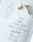 Modern Calligraphy - The Workbook by Imogen Owen book internals shown with the Carrot Calligraphy Pen and Butterfly Brass Pen Rest