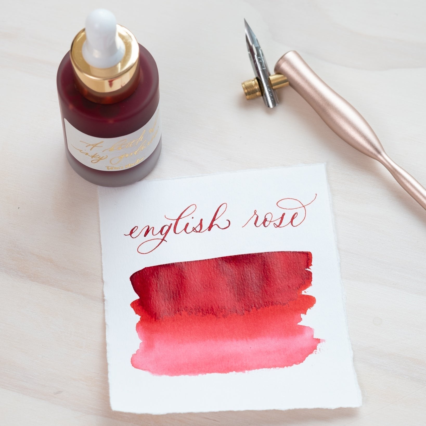 English Rose - Calligraphy Ink in bottle with swatch showing the ink colour