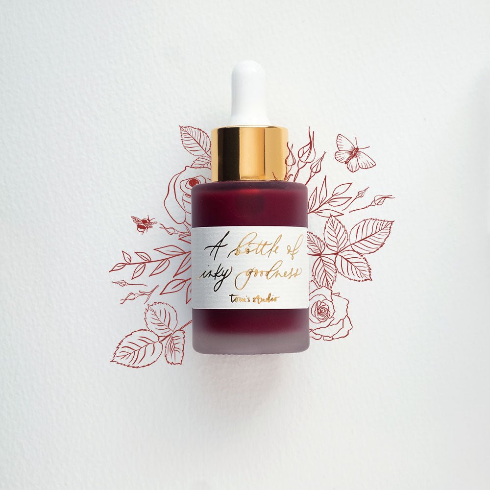 English Rose - Calligraphy Ink in bottle with illustration in ink