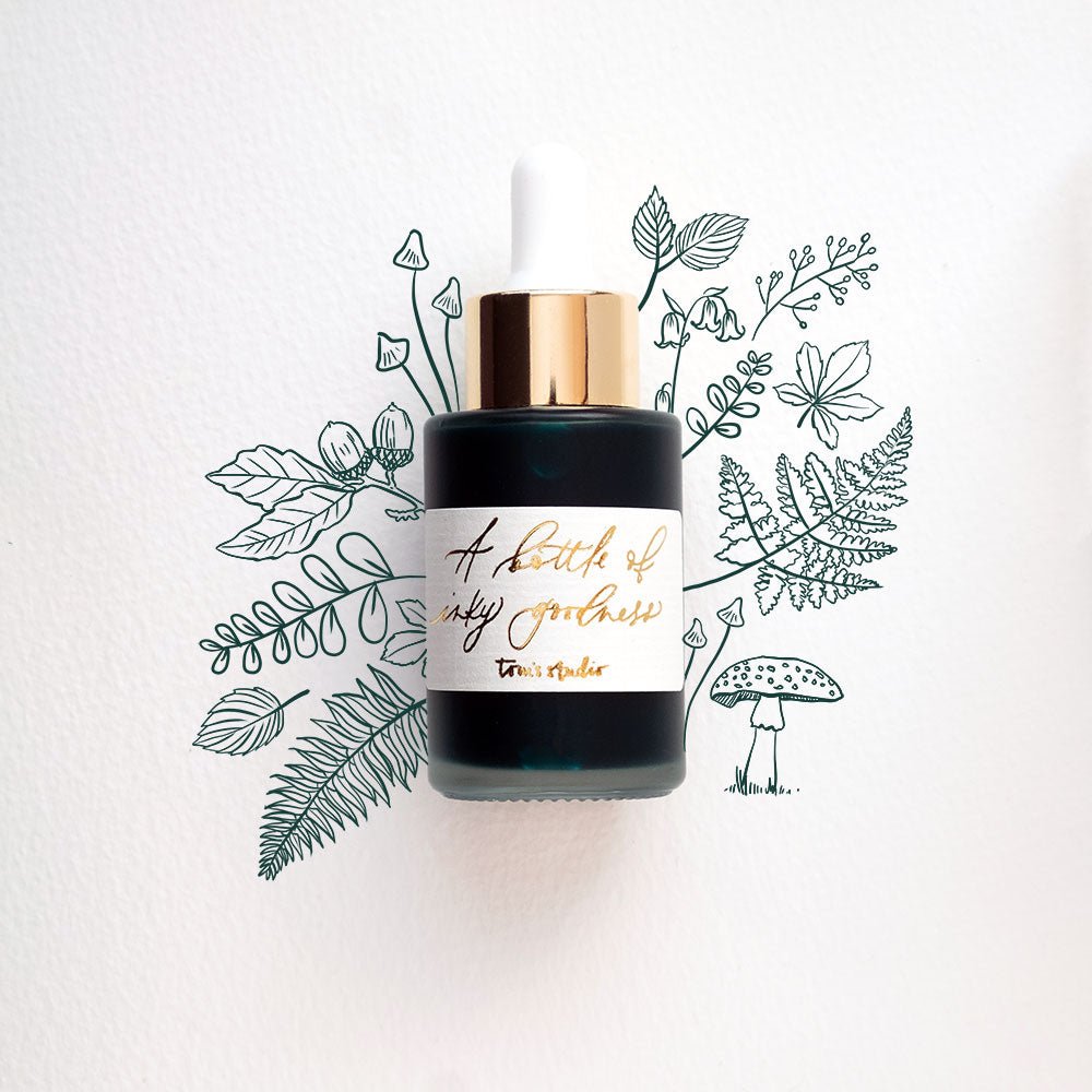 Forest Green - Calligraphy Ink in bottle with illustration in ink