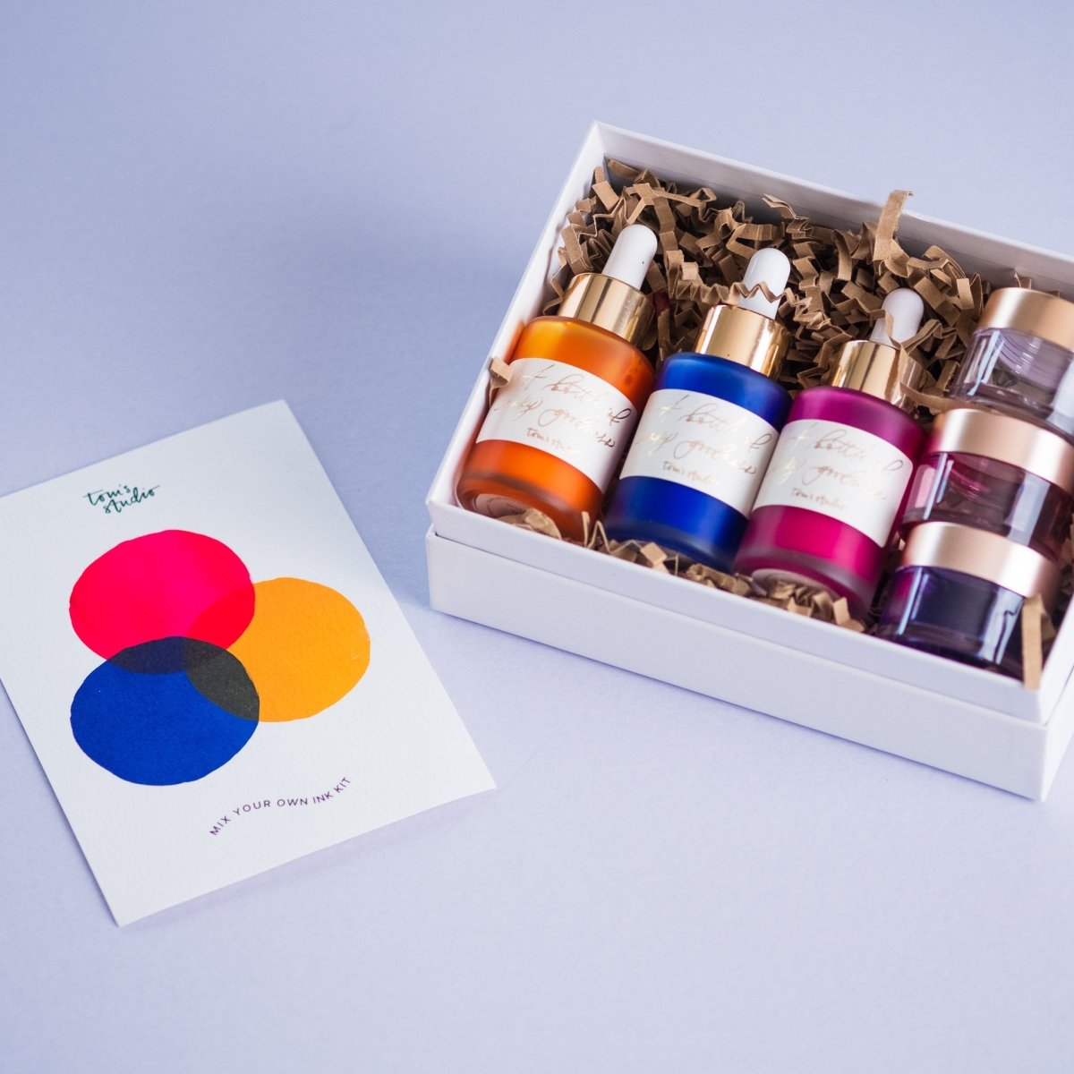 Mix Your Own Calligraphy Ink gift set including Sunflower, Ultra Marine and Hot Pink, and ink pots for colour mixing