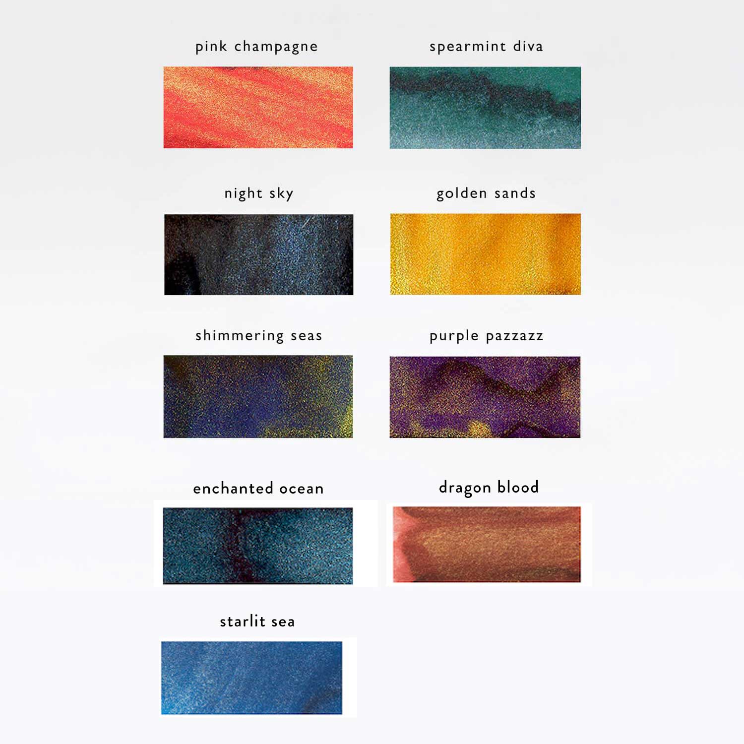 Swatches of the different shimmer inks available from Diamine