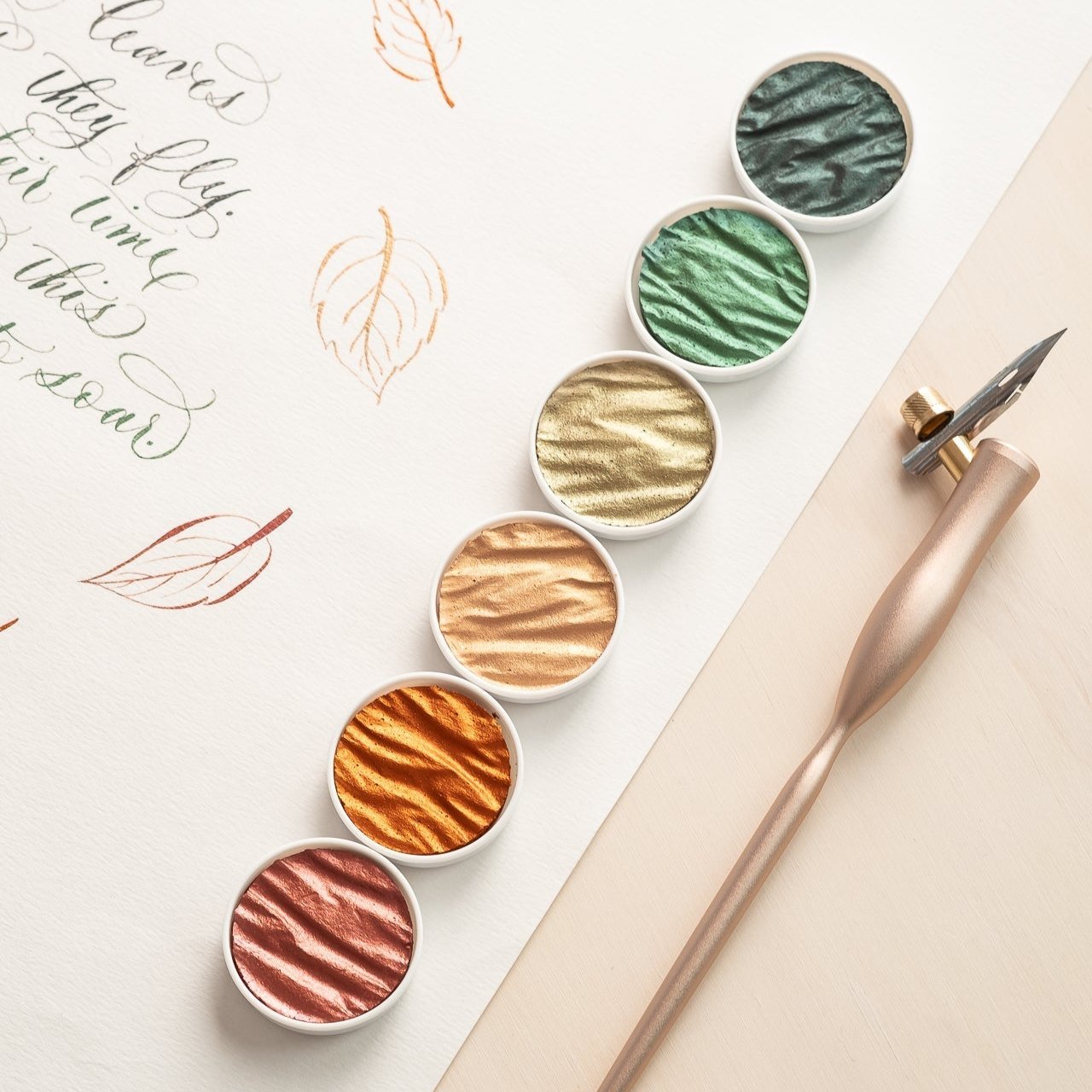 Autumn Metallic Finetec Ink Palette with Flourish calligraphy pen and example of modern calligraphy lettering