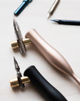 Close up of 2 flourish oblique calligraphy pens with a selection of calligraphy nibs