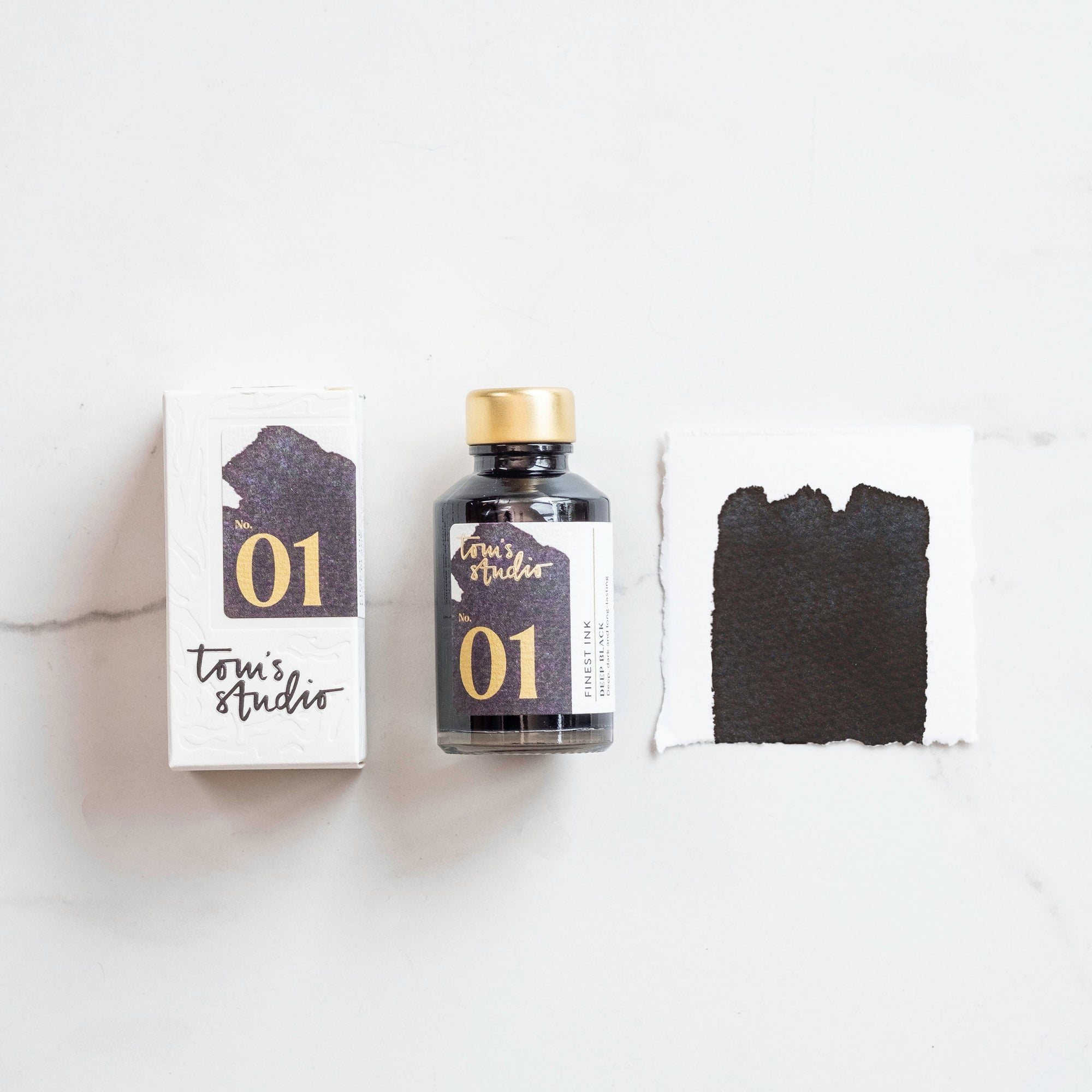 Tom's Studio Deep Black Fountain Pen Ink – featuring the packaging, bottle and a swatch on paper