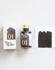 Tom's Studio Deep Black Fountain Pen Ink – featuring the packaging, bottle and a swatch on paper