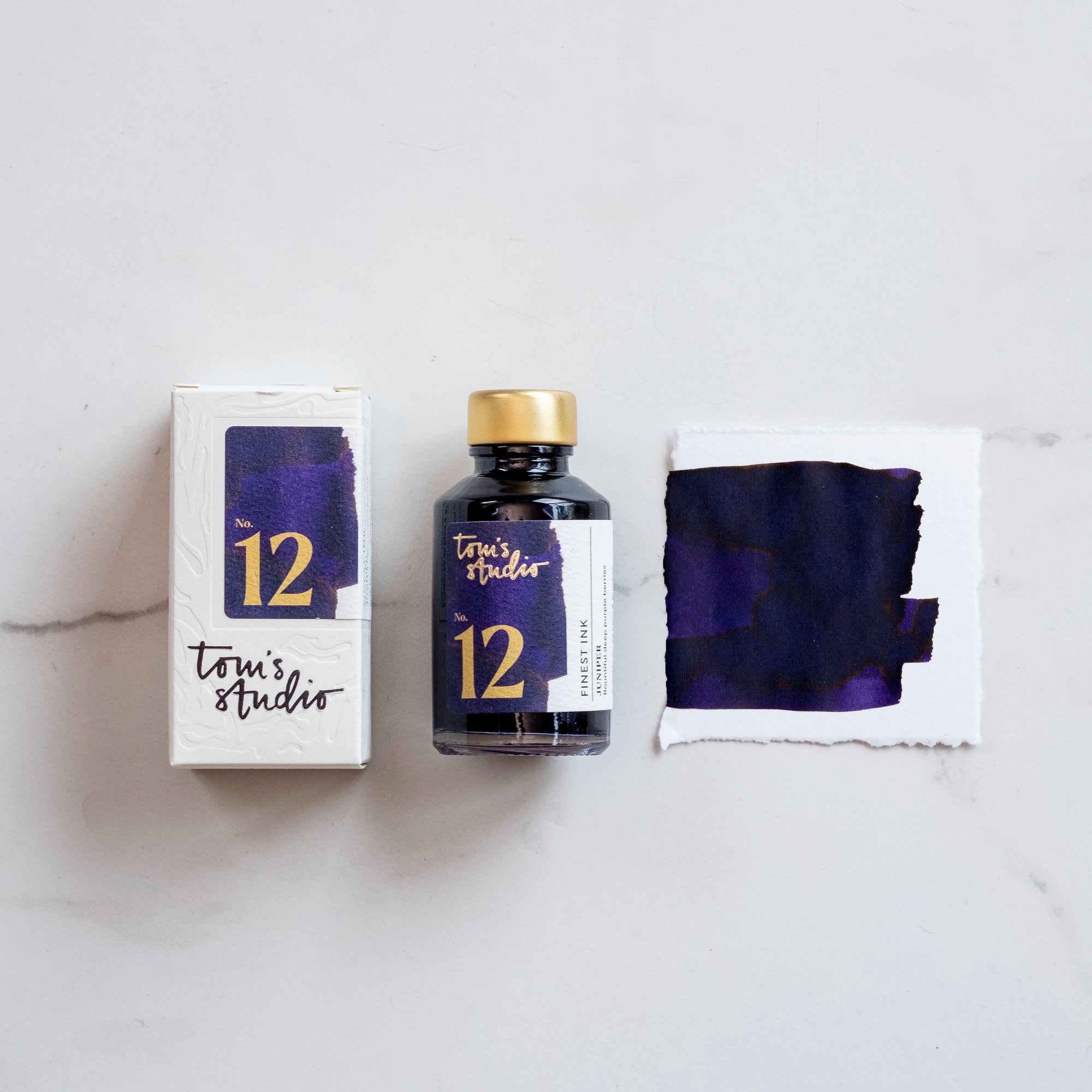 Tom&#39;s Studio Juniper Fountain Pen Ink – featuring the packaging, bottle and a swatch on paper