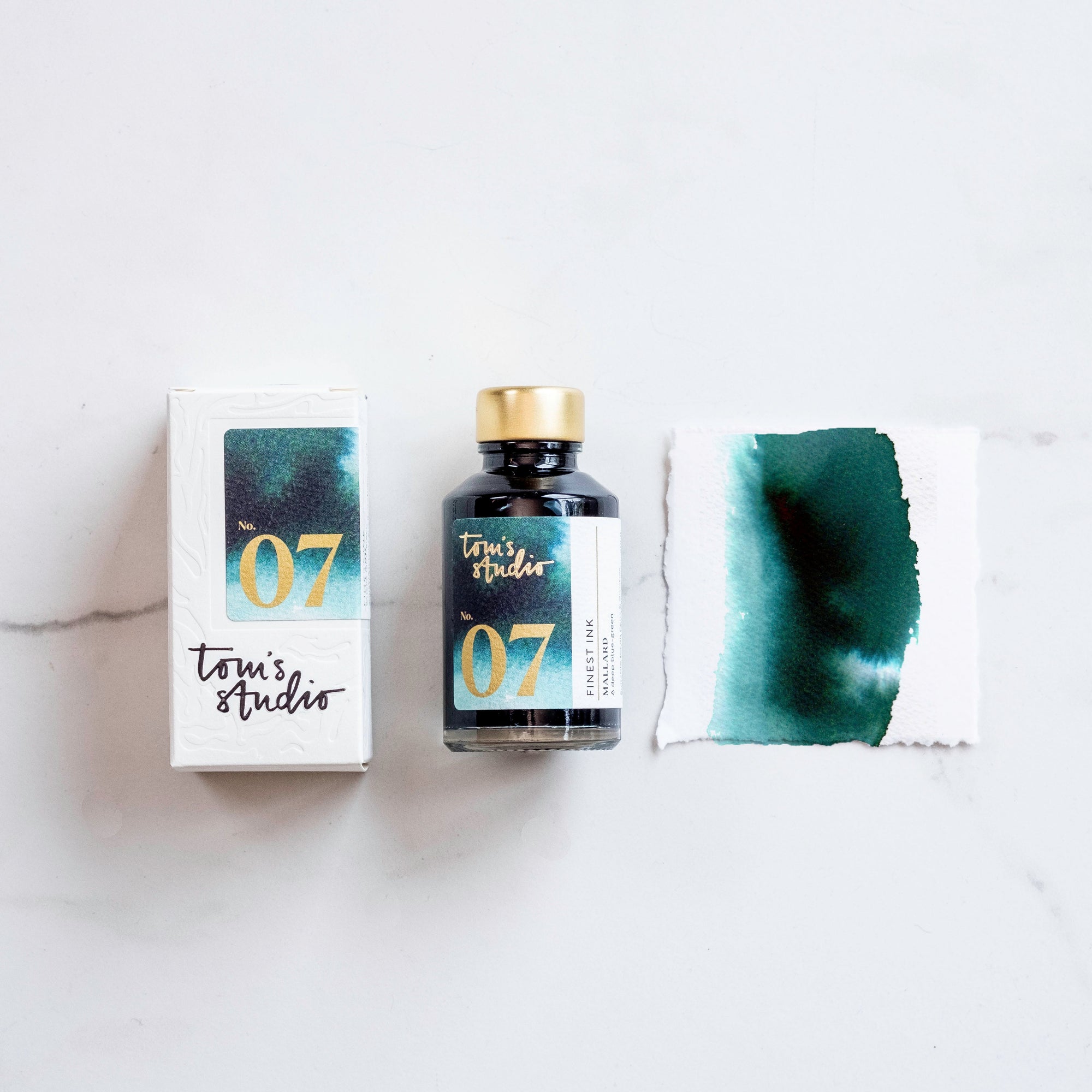 Tom's Studio Mallard Fountain Pen Ink – featuring the packaging, bottle and a swatch on paper