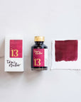 Tom's Studio Mulberry Fountain Pen Ink – featuring the packaging, bottle and a swatch on paper