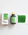 Tom's Studio New Forest Green Fountain Pen Ink – featuring the packaging, bottle and a swatch on paper