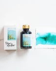 Tom's Studio Sunny Teal Fountain Pen Ink – featuring the packaging, bottle and a swatch on paper