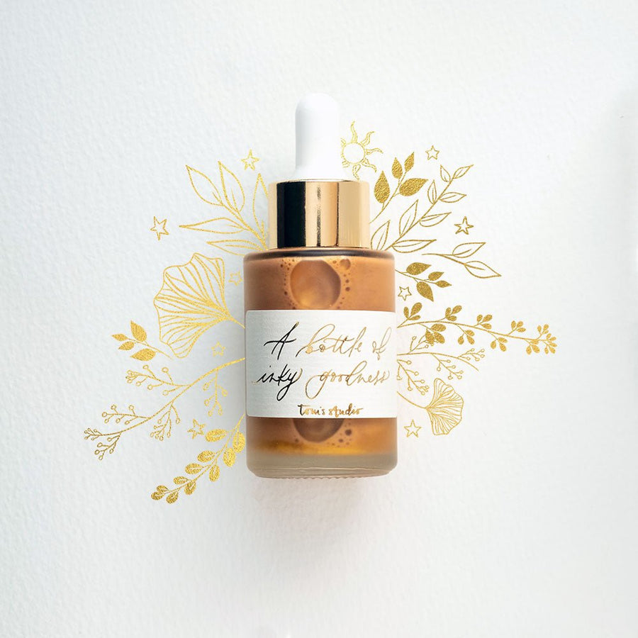 Gold - Calligraphy Ink in bottle with illustration in ink