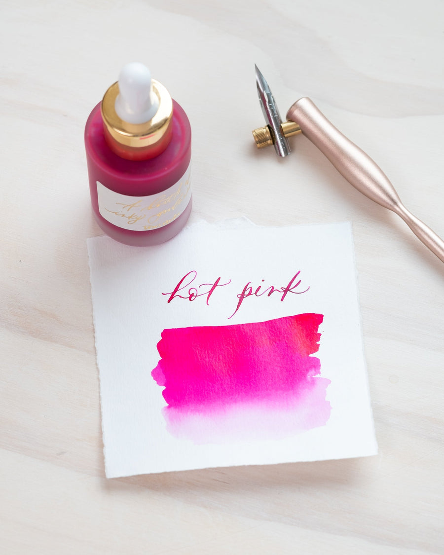 Hot Pink - Calligraphy Ink in bottle with swatch showing the ink colour