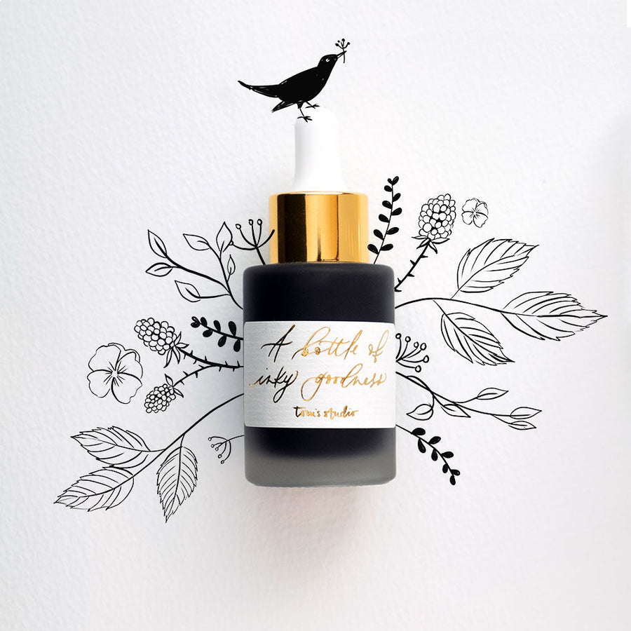 Jet Black - Calligraphy Ink in bottle with illustration in ink
