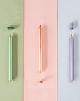 The Lumos Pro Duo Refillable Pen in three colours (left to right) Sage, Blush, Lilac with fineliner and brush tips