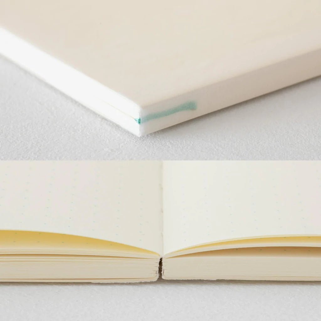 MD Notebook Journal – showing closed spine and spine open to show flat-laying pages