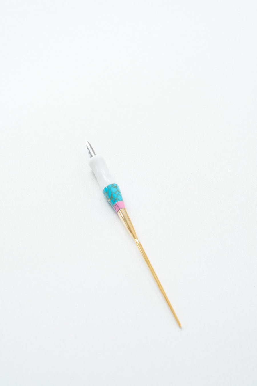 Pink + Turquoise - Marble Straight handmade calligraphy pen on a white desk