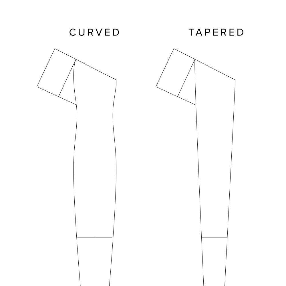 A diagram showing the difference between a tapered and curved grip on the oblique calligraphy pen