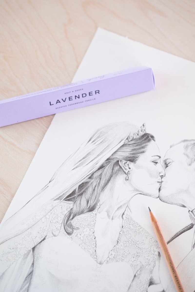 A box of lavender scented pencils on a drawing of kate middleton