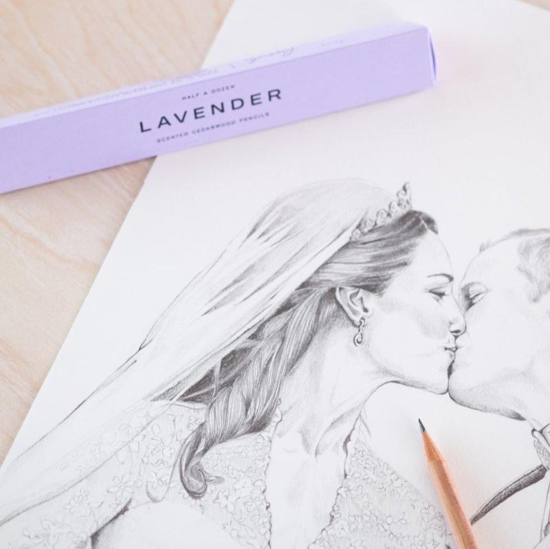 A box of lavender scented pencils on a drawing of kate middleton