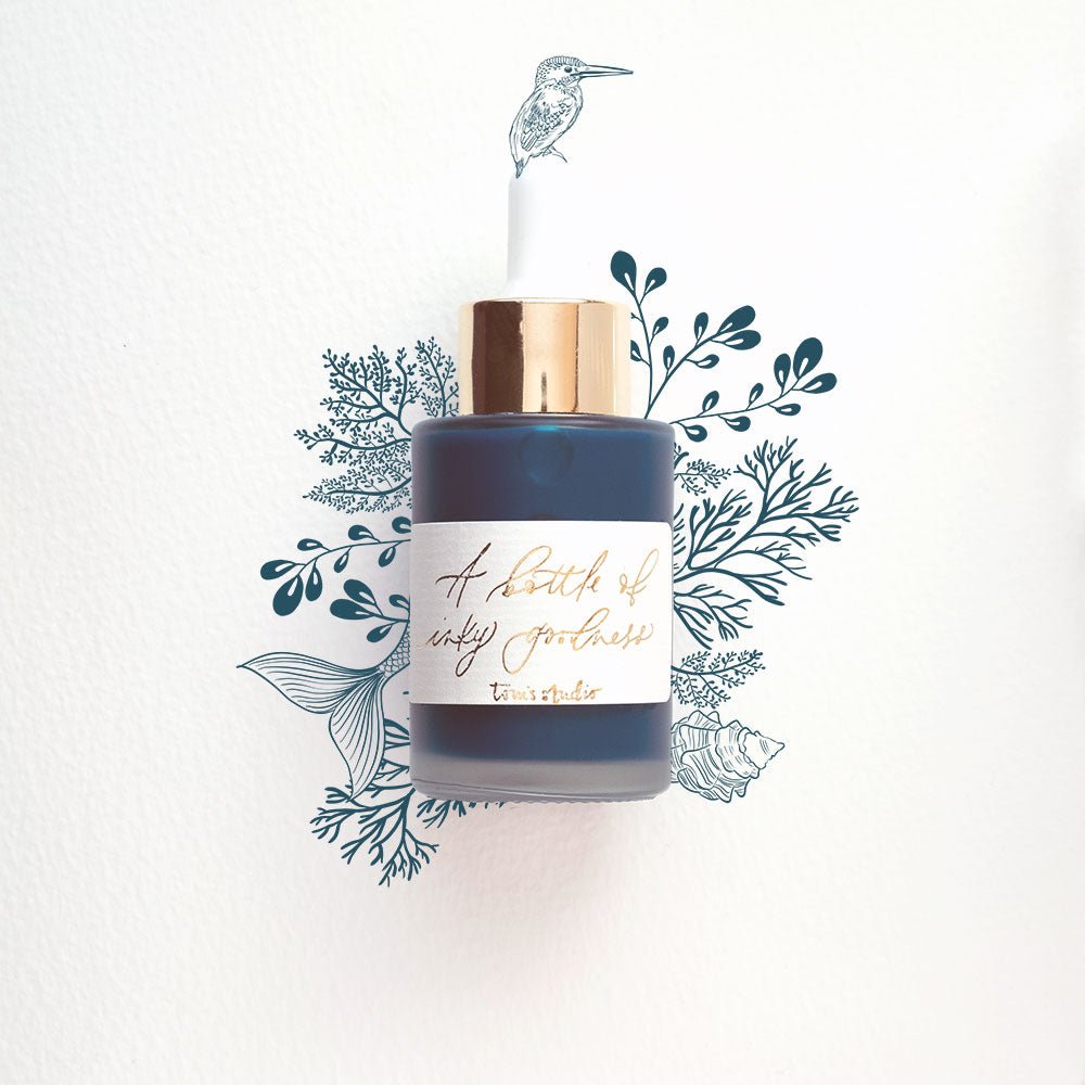 Teal - Calligraphy Ink in bottle with illustration in ink