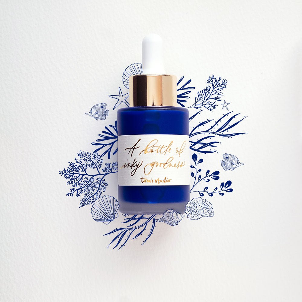 Ultra Marine - Calligraphy Ink in bottle with illustration in ink