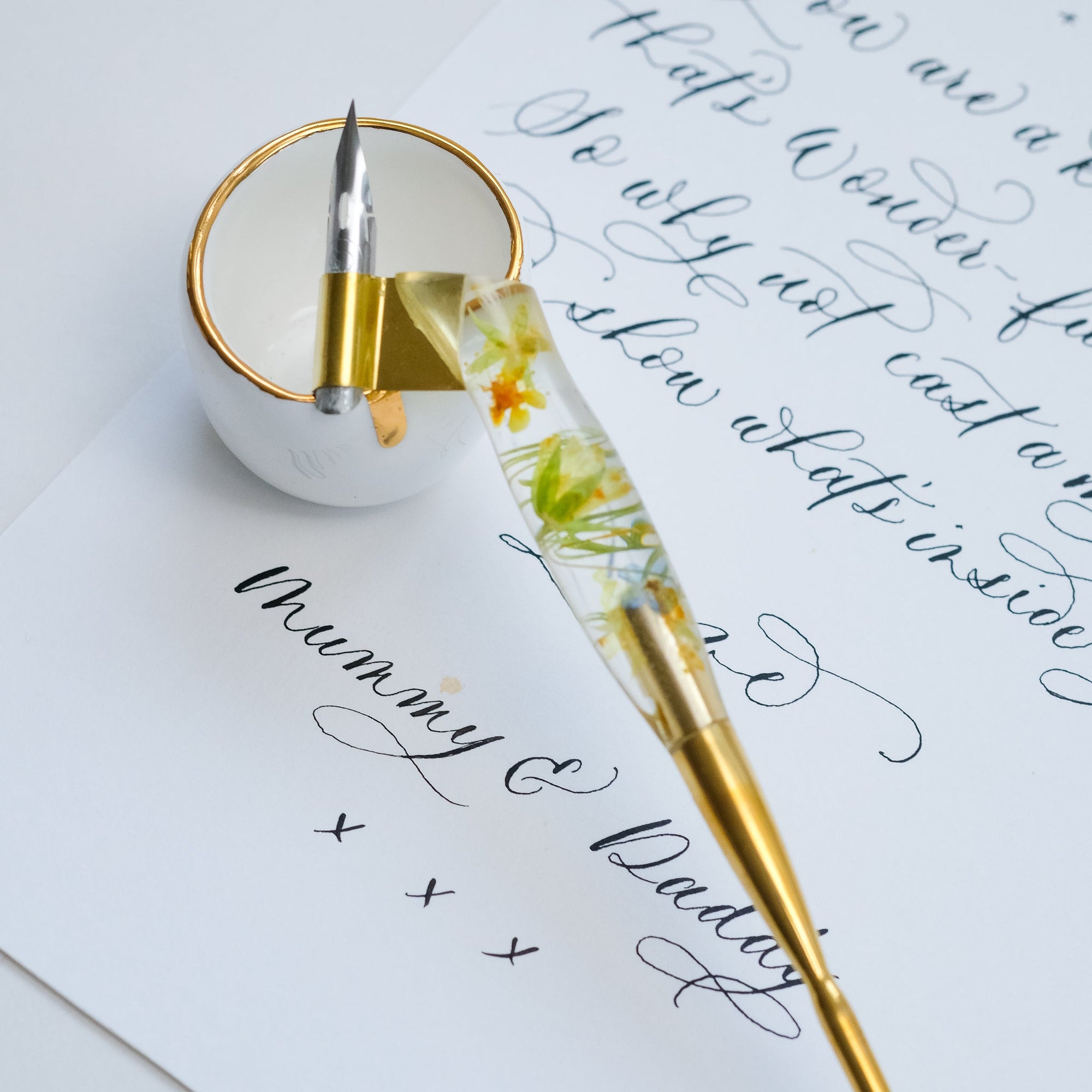 Fine Bone China Artist's Ink Wells with an oblique calligraphy pen and modern calligraphy on paper